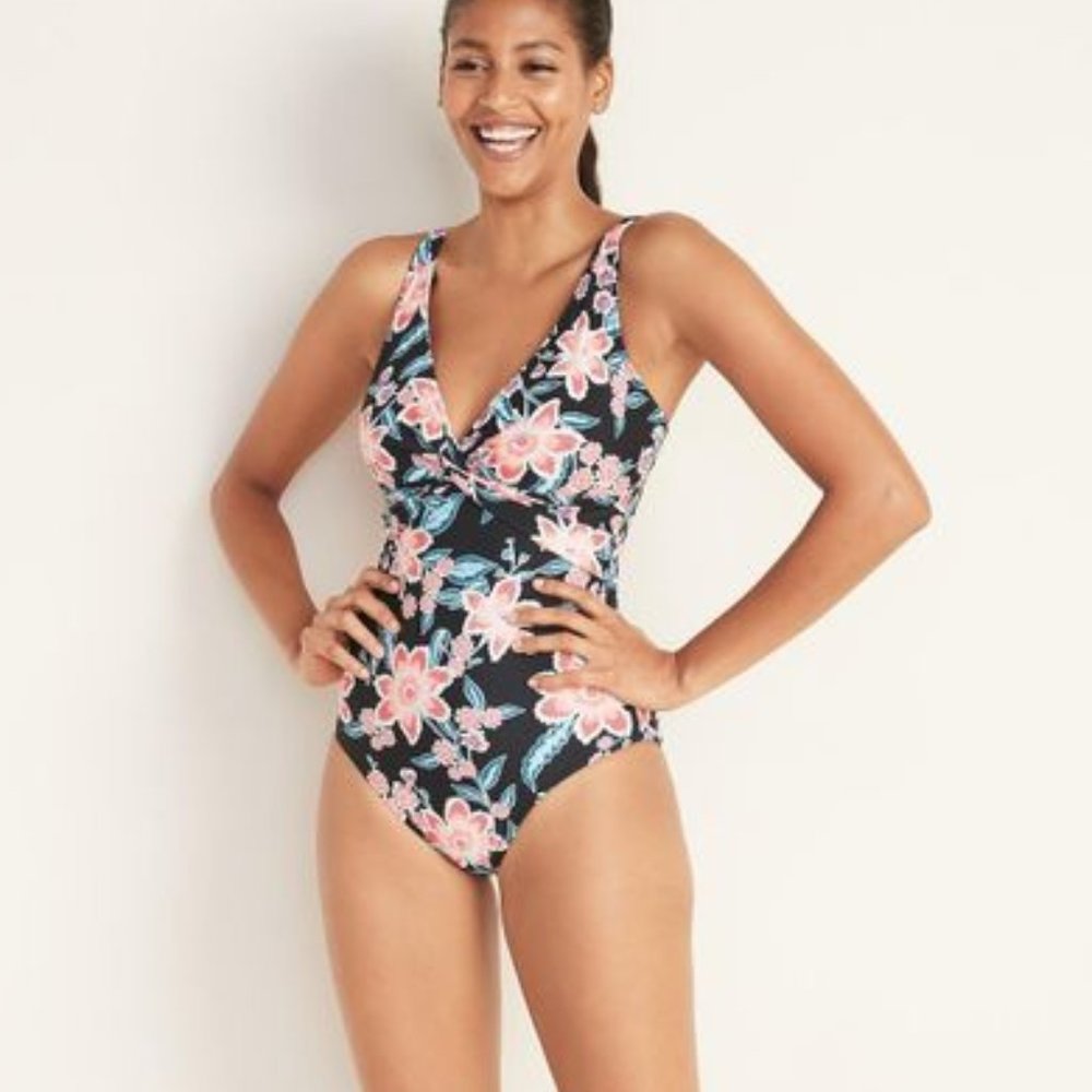 Women's Black Floral-print Twist-front Swimsuit - Picture 3 of 6